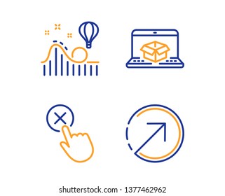 Online delivery, Reject click and Roller coaster icons simple set. Direction sign. Parcel tracking website, Delete button, Attraction park. Navigation pointer. Technology set. Vector
