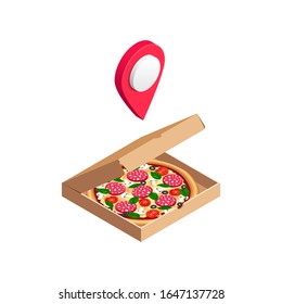 Online delivery service 3d concept. Isometric tasty pizza in box with map pointer isolated on white. 3d traditional italian fast food icon. Vector illustration for web, advert, menu, mobile app