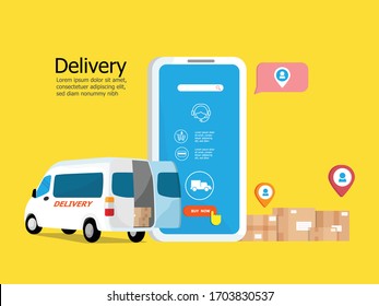 aplicación de servicio de entrega en línea con caja de paquetes y camioneta