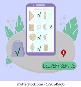 Online delivery service for bakery shop. Order sheet in application for mobile phone. Template for web banner ordering an assortment of stores, delivery to address. Vector illustration in flat style.