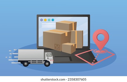 Online-Lieferservice, Banner-Konzept mit Laptop-Speicher, Paketbox, LKW.auf blauem Hintergrund.Vector Design Illustration.