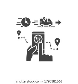 Online delivery service black glyph icon. Express shipping. Order tracking. Sign for web page, app. UI UX GUI design element