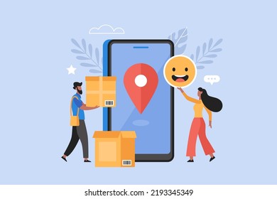 Online delivery service business concept. Modern vector illustration of people receiving packages and giving feedback