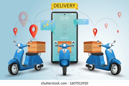 Online delivery service by scooter. Shopping website on a mobile. Food order concept. Web Banner, app template. Vector illustration