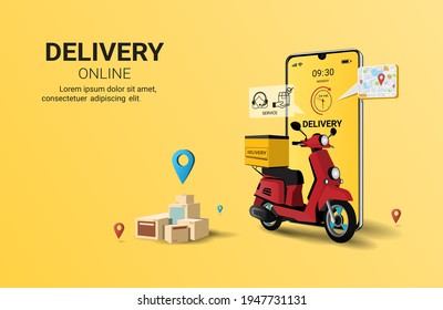 Servicio de entrega en línea por scooter en el móvil. Pedido en línea, comercio electrónico, aplicación de envío en línea, Smart Logistic, Parcel Box. Concepto de sitio web y banner. Ilustración del vector de perspectiva 3D