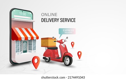 Servicio de entrega en línea por scooter. Sitio web de compras en un móvil. El concepto de pedido de comida. Banner Web, plantilla de aplicación. Ilustración del vector