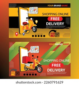 Online delivery service by scooter on mobile phone. Internet e-commerce. Online food order. Concept for website, banner and mobile website. 3D Perspective Vector illustration Perfect for landing page