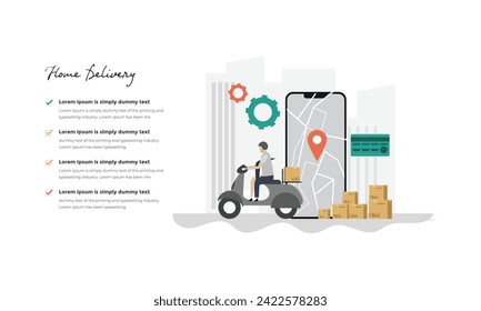 Online delivery service by scooter on mobile phone. Internet e-commerce. Online food order. Concept for website, banner and mobile website. 3D Perspective Vector illustration