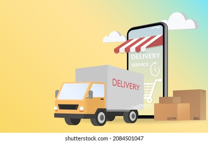 Online delivery service concept in app purchase. Delivery of goods by truck. Convenient and fast service. EPS10 vector illustration.