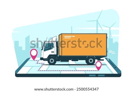 Online delivery service concept. A box truck speeds along the route. Vector illustration.