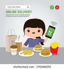 Online Delivery Service Concept Cartoon Vector illustration. Hand holding mobile smart phone open app for Online food order infographic. COVID-19. Quarantine in the city.