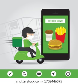 Online Delivery Service Concept Cartoon Vector illustration. Man riding a Scooter Motorcycle. Online food order infographic. COVID-19. Quarantine in the city.
