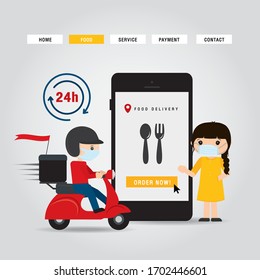 Online Delivery Service Concept Cartoon Vector illustration. Man riding a Scooter Motorcycle. Online food order infographic. COVID-19. Quarantine in the city.