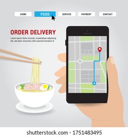 Online Delivery Service Concept Cartoon Vector illustration. Hand holding mobile smart phone open app for Online food order infographic. COVID-19. Quarantine in the city.