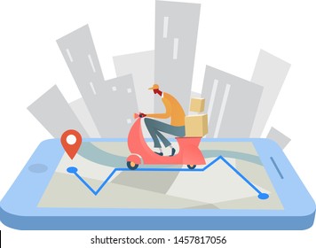 Online delivery service concept, courier tracking online tracker. Smartphone, package delivery. Internet delivery, idea, vector