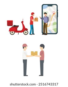 Conceito de serviço de entrega on-line com Courier entregando pacote ao cliente usando Smartphone App e Riding Scooter.