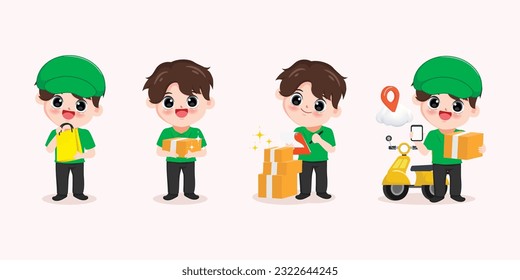 Online delivery service concept. Cute Delivery man cartoon character set vector design.