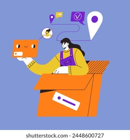 Online delivery service concept. Direction to carry packages in logistic center. Vendor sells goods, delivers orders to address. Seller sends parcels, boxes. Flat isolated contour vector illustration