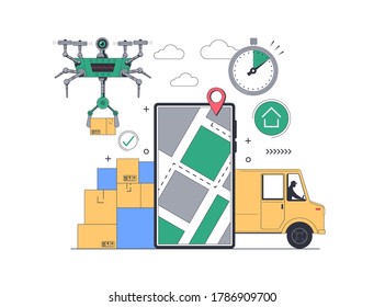 Online Delivery service concept. Fast Delivery by Truck and Drone. Mobile tracking app. Online order tracking. City logistics. Scooter with courier. Flat Vector illustration