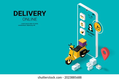 Online delivery service concept. Fast delivery on mobile by motorcycle. Online order. tracking, Logistics. shopping. Webpage, app design, landing page. Isometric Vector illustration 