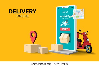 Online delivery service concept. Fast delivery on mobile by scooter. Online order.Internet e-commerce. tracking, Logistics. Webpage,app design. 3D Vector illustration. yellow background