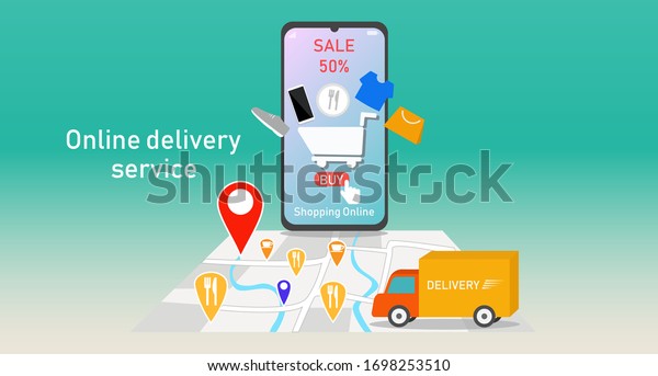 Online delivery service concept. Fast\
delivery service. Mobile apps for online shopping. Online Order on\
mobile, truck courier, banner, Warehouse, map, delivery man,\
package box, Vector\
illustration.