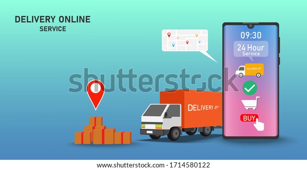 Online delivery service concept. Fast\
delivery service. Mobile apps for online shopping. Online Order on\
mobile, truck courier, banner, Warehouse, map, delivery man,\
package box, Vector\
illustration.