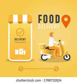 Online delivery service concept food delivery by scooter for banner, poster, website, etc.