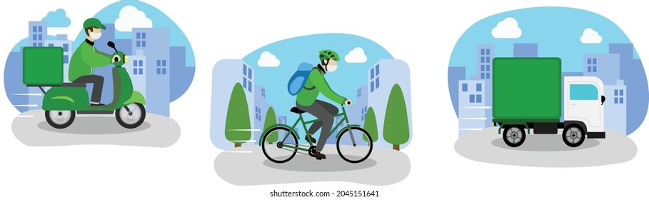 
Online Delivery Service Concept, Green delivery man is wearing mask in urban city, 3 Vehicles, Driving Van, Riding Bike and Bicycle Side View, Vector illustration.