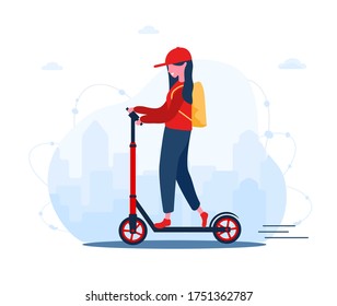 Online delivery service concept home and office. Scooter with fast woman courier. Shipping restaurant food and mail. Modern vector illustration in flat cartoon style.