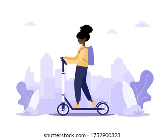 Online delivery service concept home and office. Scooter with fast woman courier. Shipping restaurant food and mail. Modern vector illustration in flat cartoon style.