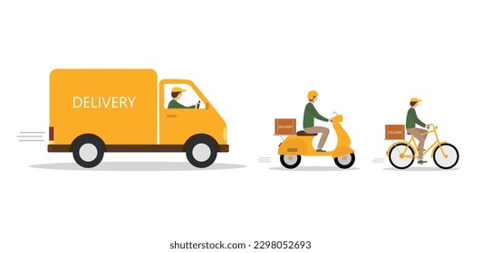 Online delivery service concept, delivery home and office. Warehouse, car, scooter, bike courier.