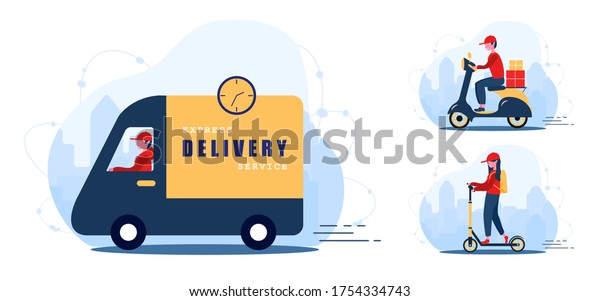 Online\
delivery service concept home and office. Fast courier on car, bike\
and scooter. Shipping restaurant food, mail and packages. Modern\
vector illustration in flat cartoon\
style.
