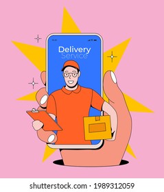 Online delivery service concept illustration with hand holding smartphone with courier or delivery guy comes out of the screen. Cartoon styled vector illustration