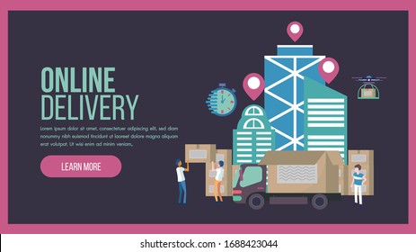 Online delivery service concept landing page with truck and staff service. This design can be used for websites, landing pages.Internet shipping web banner with modern city.Vector illustration.