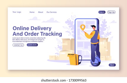Online delivery service concept for landing page template. Online order tracking, delivery to home and office. Young man courier marks delivery place on map. Vector, flat, cartoon  illustration.