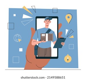 Concepto de servicio de entrega en línea. Una mano grande sostiene un smartphone con un mensajero que mira fuera de la pantalla. El repartidor masculino pasa la caja con pedido al comprador. Ilustración vectorial plana contemporánea de dibujos animados