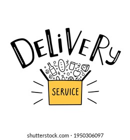 Online delivery service concept with lettering text and food box, isolated on the white background. Vector Illustration in doodle style. Suitable for web landing page, mobile app, banner template. 