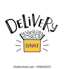 Online delivery service concept with lettering text and shopping box with clothes on the white background. Vector Illustration in doodle style. Suitable for web landing page, mobile app, banner.