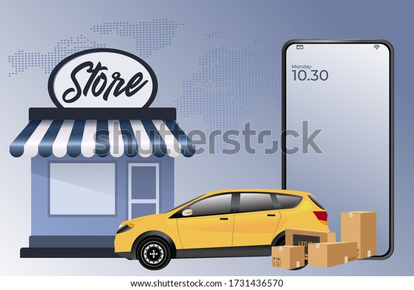 Online delivery service concept. Delivery\
logistics home and office. courier delivery man. on mobile Vector\
illustration