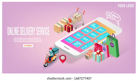 Online delivery service concept with delivery man ride scooter delivering parcel box. 
vector illustration.