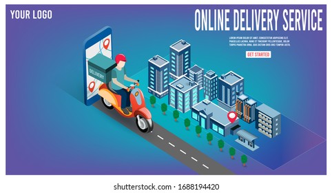 Online delivery service concept with delivery man ride scooter delivering parcel box. 
vector illustration.