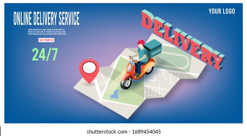 Online delivery service concept with delivery man ride scooter delivering parcel box. 
vector illustration.
