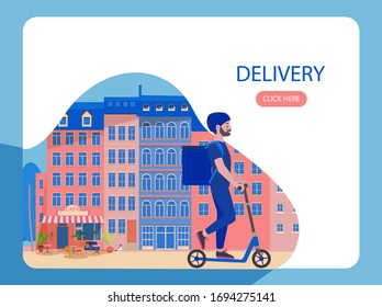 Online delivery service concept. Delivery man riding a kick scooter in a european city. Courier delivers an order. SMM banner, landing page, flyer.