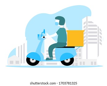 Online delivery service concept. Delivery man ride scooter motorcycle on city background.