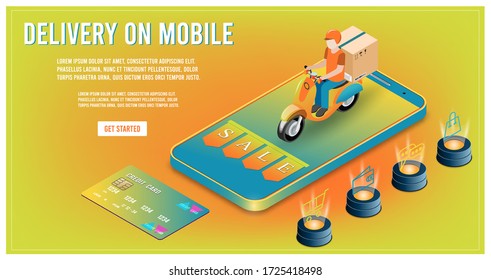 Online delivery service concept with delivery man ride scooter delivering parcel box. vector illustration.