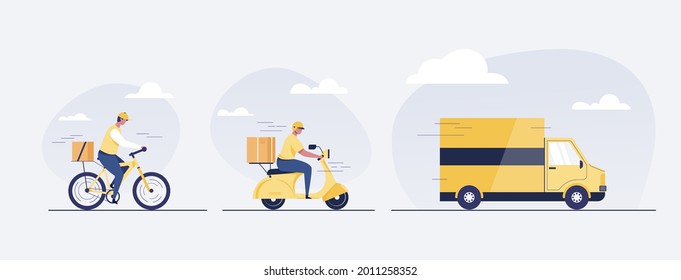 Online delivery service concept. Delivery man, truck, scooter and bike. Delivery man. Vector illustration.