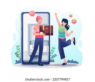 Online Delivery service concept. A man courier come out from a smartphone and delivered a parcel box to a woman customer. A happy woman receives a parcel from online delivery. Vector illustration