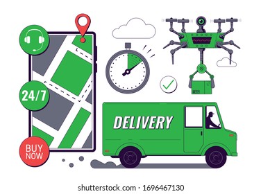 Online Delivery service concept. Mobile tracking app. Online order tracking. Fast Delivery by motorcycle. City logistics. Scooter with courier. Vector illustration