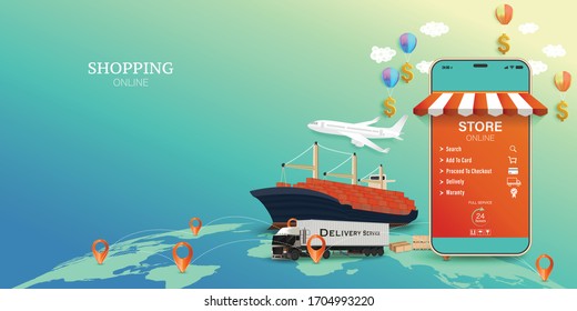 Online delivery service concept, online mobile order tracking,Delivery home and office. City logistics. Warehouse, truck, forklift, courier. vector illustration.